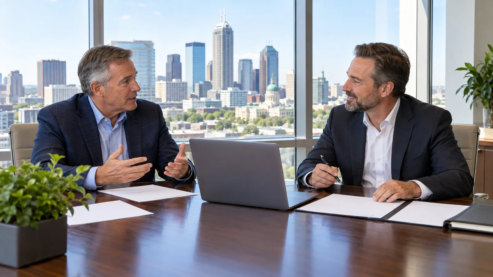 Business owner meeting with a broker in an Indianapolis office